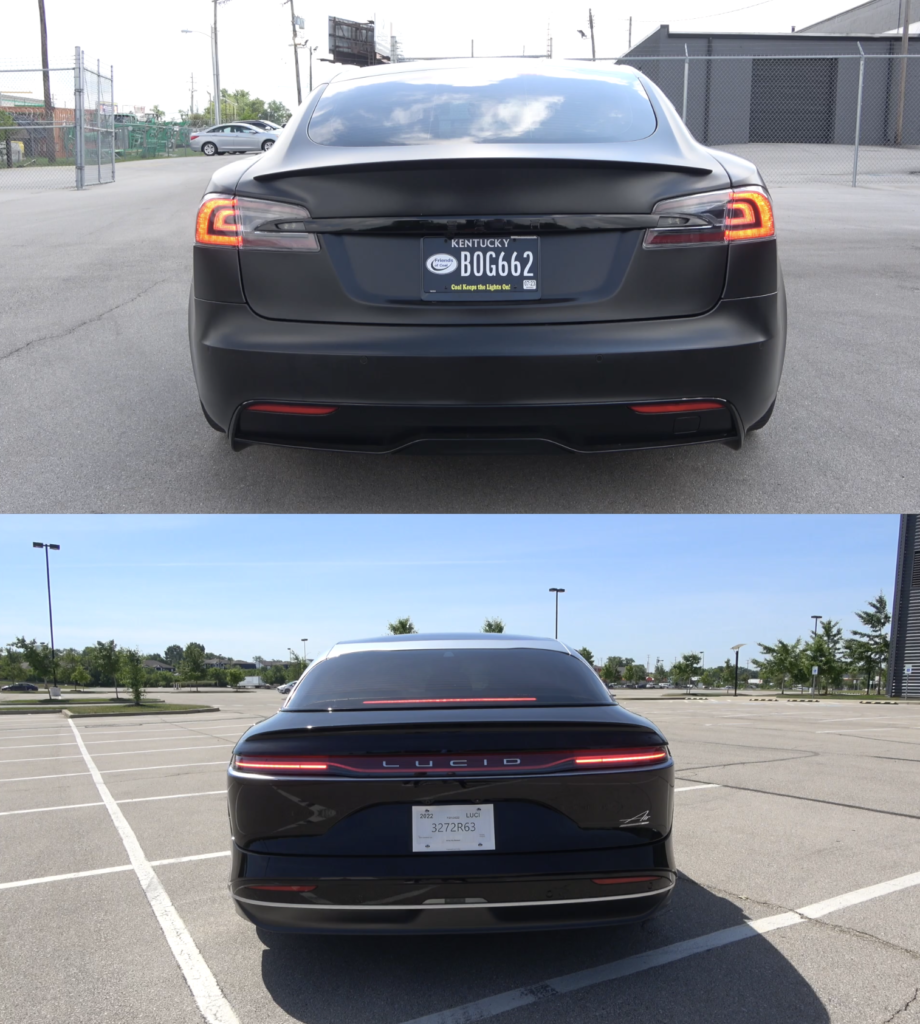 Photo comparing the rear designs of the Lucid Air and Tesla Model S