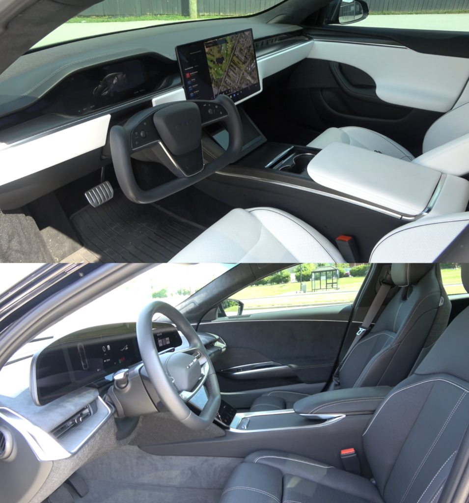 Photo comparing the interior designs of the Tesla Model S and Lucid Air