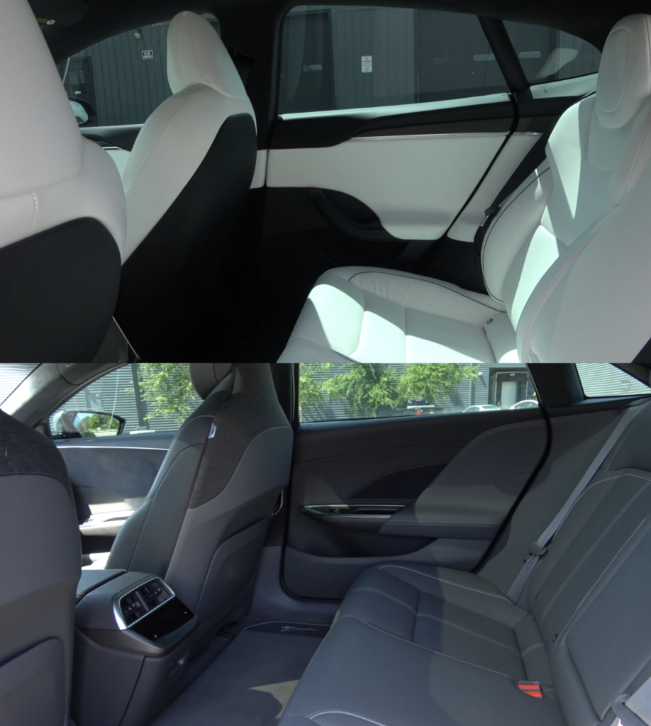 Comparison photo of the rear seat areas in the Lucid Air and Tesla Model S